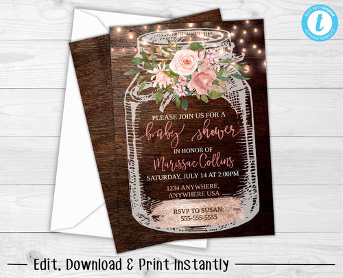 Baby Shower Invitation, Rustic Baby Shower, Mason Jar Baby Shower Invitation, Floral Baby Shower Invitation, Baby Shower Invitation Template