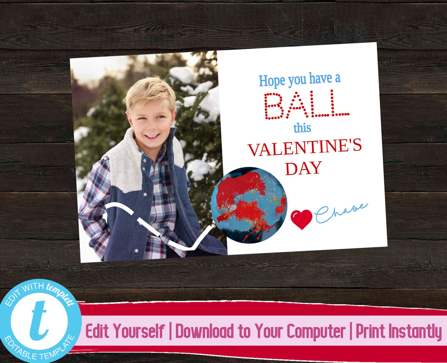 Custom Photo Valentine, Bouncy Ball Valentine's Day Card with Photo, Kids Valentines Day Card, Hope You Have a Ball, Printable Template