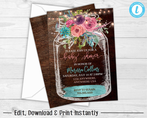 Baby Shower Invitation, Boho Baby Shower, Rustic Baby Shower, Mason Jar Baby Shower Invitation, Floral Baby Shower Invitation, Teal, Pink