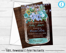 Load image into Gallery viewer, Baby Shower Invitation, Floral Baby Shower Invitation, Rustic Baby Shower, Mason Jar Baby Shower Invitation, Peacock Feather, Blue and Green