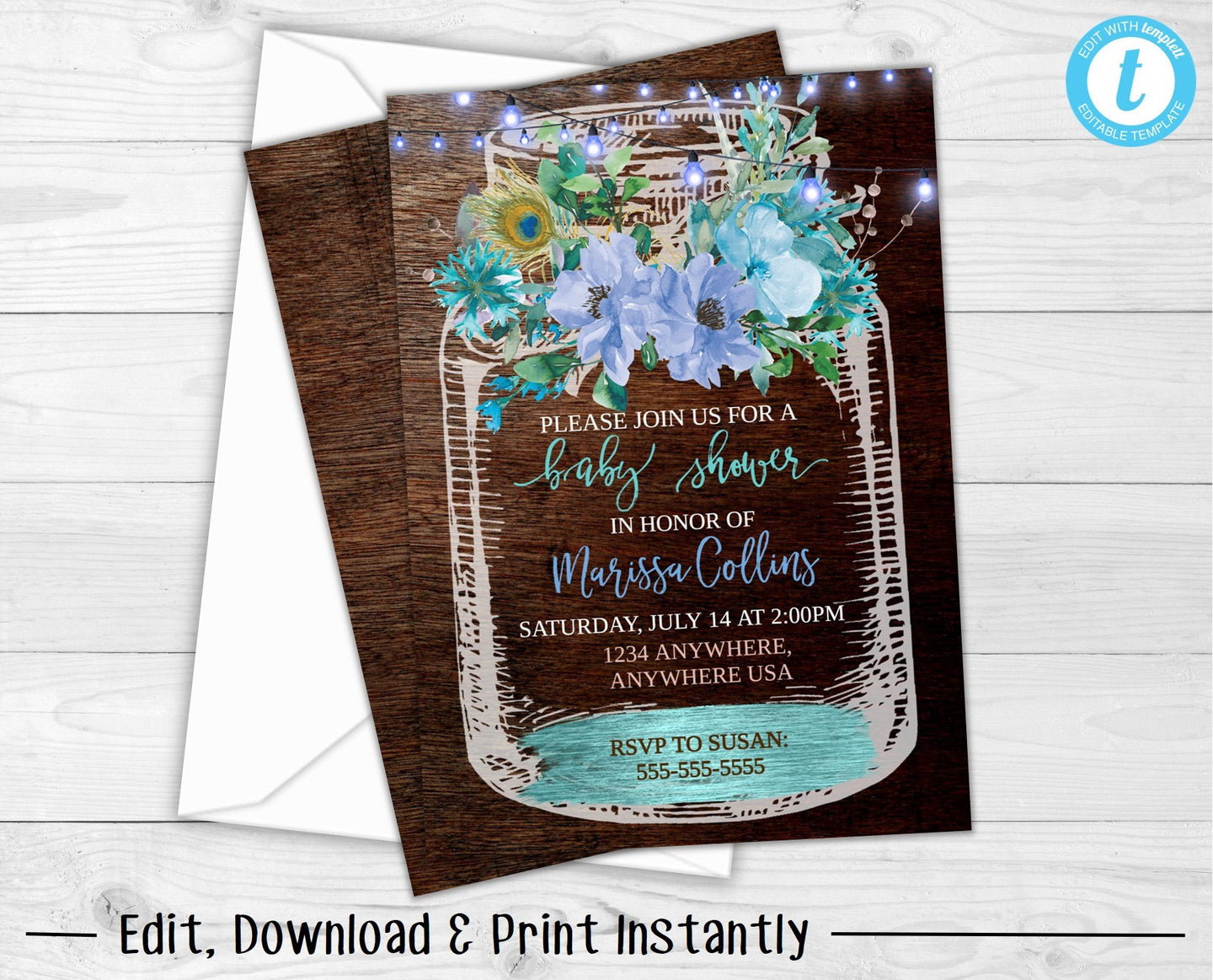 Baby Shower Invitation, Floral Baby Shower Invitation, Rustic Baby Shower, Mason Jar Baby Shower Invitation, Peacock Feather, Blue and Green