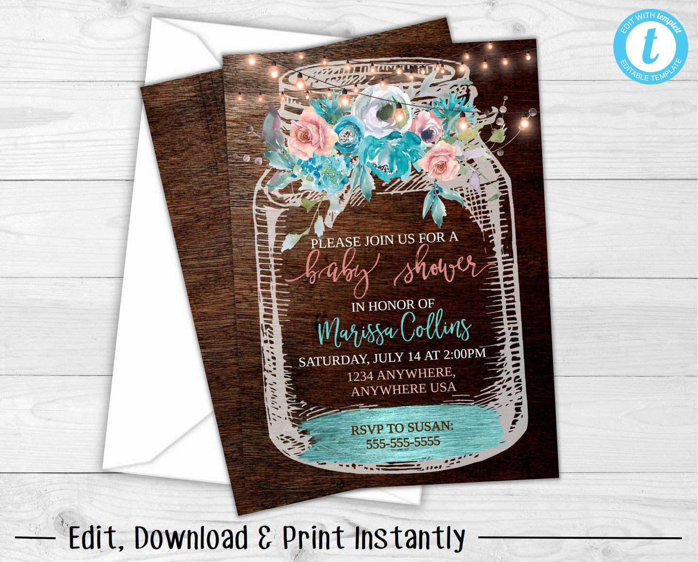 Baby Shower Invitation, Teal and Peach Boho Baby Shower, Rustic Baby Shower, Mason Jar Baby Shower Invitation, Floral Baby Shower Invitation