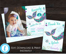 Load image into Gallery viewer, Mermaid Party, Mermaid Photo Invitation, Mermaid Birthday Invitation, Mermaid Thank You Card, Mermaid Party Invite and Thank You, With Photo