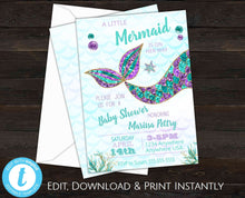 Load image into Gallery viewer, Mermaid Baby Shower Bundle Invitation, Mermaid Party books for baby, Thank you, Diaper Raffle, Little Mermaid Is On Her Way, Shower Invite