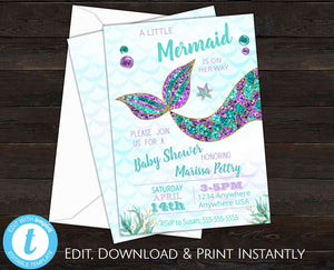 Mermaid Baby Shower Bundle Invitation, Mermaid Party books for baby, Thank you, Diaper Raffle, Little Mermaid Is On Her Way, Shower Invite