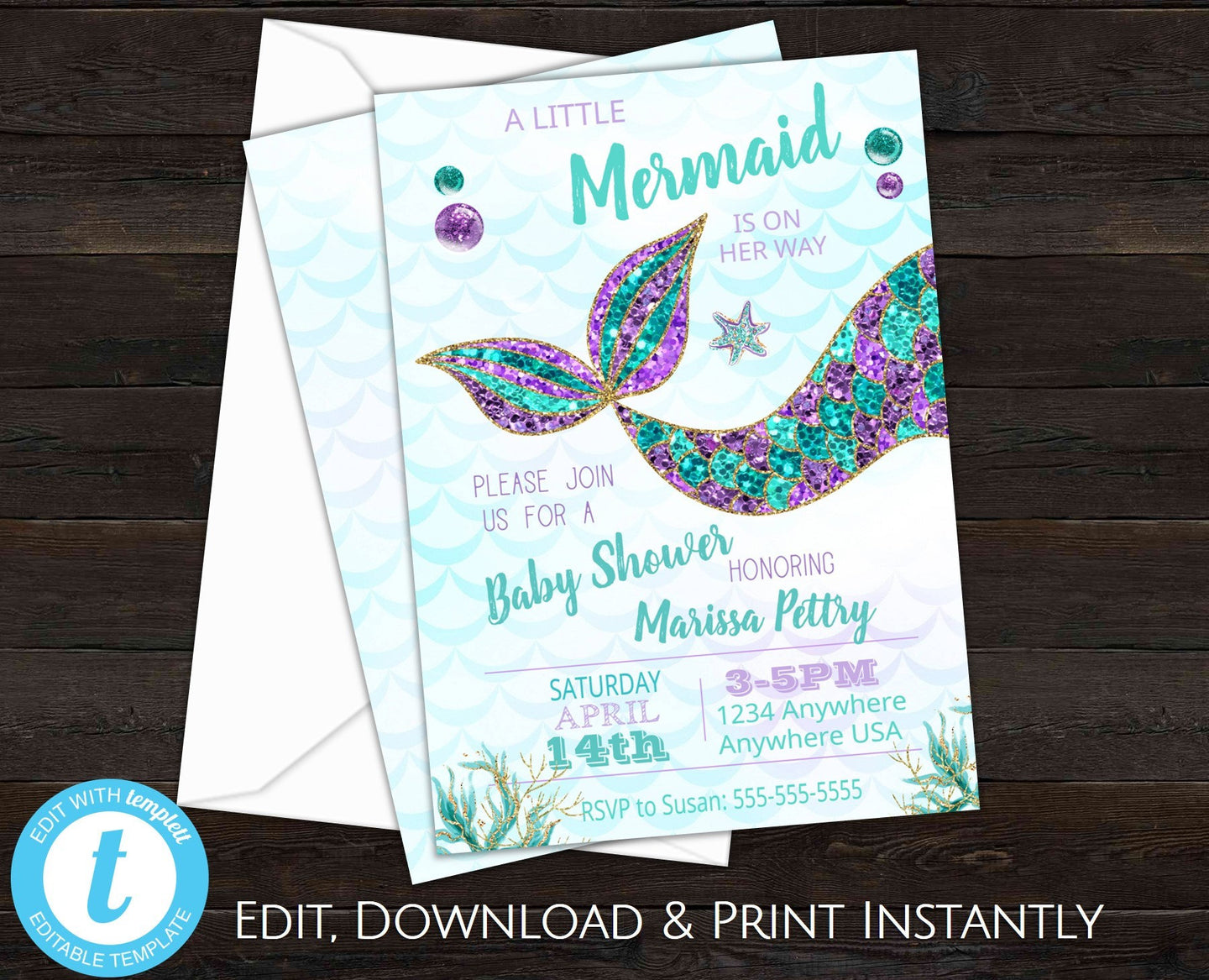 Mermaid Baby Shower Invitation, Mermaid Party, Mermaid Invitation Instant Download, Little Mermaid Is On Her Way, Mermaid Shower Invite