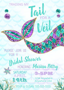 Bridal Shower Invitation, Mermaid Invitation, Mermaid Party, Mermaid Bridal Shower Invitation, Mermaid Tail, Trading My Tail For A Veil