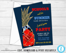 Load image into Gallery viewer, Hawaiian Party Invitations, End of The Year Party Invitation, Schools Out For Summer, Hawaiian Pineapple, Glitter, Schools Out Party, Floral
