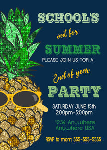 Schools Out Party Invitation, Schools Out For Summer, End of The Year Party Invitation, Pineapple Invite, Summer Party Invitations, Glitter