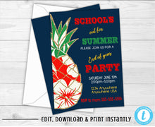 Load image into Gallery viewer, Schools Out For Summer, Hawaiian Party Invitations, End of The Year Party Invitation, Hawaiian Pineapple, Glitter, Schools Out Party, Floral
