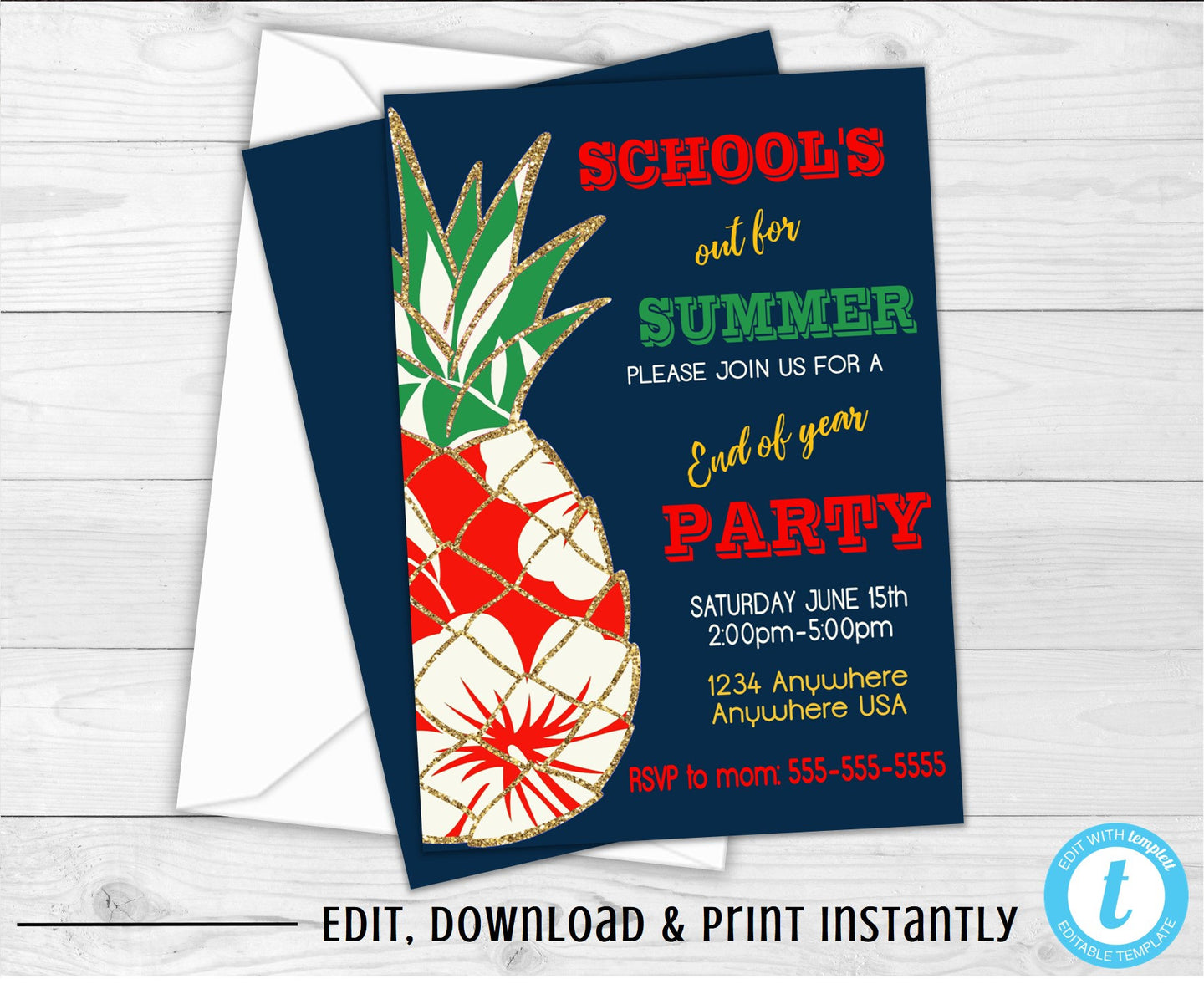Schools Out For Summer, Hawaiian Party Invitations, End of The Year Party Invitation, Hawaiian Pineapple, Glitter, Schools Out Party, Floral