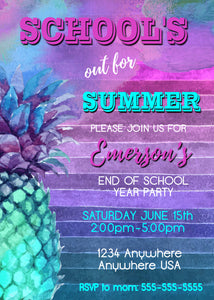 Schools Out Party, Pineapple Invitation, Schools Out For Summer, Hawaiian Party Invitations, End of The Year Party Invitation, Watercolor