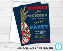 Load image into Gallery viewer, Hawaiian Party Invitations, End of The Year Party Invitation, Schools Out For Summer, Hawaiian Pineapple, Glitter, Schools Out Party, Floral