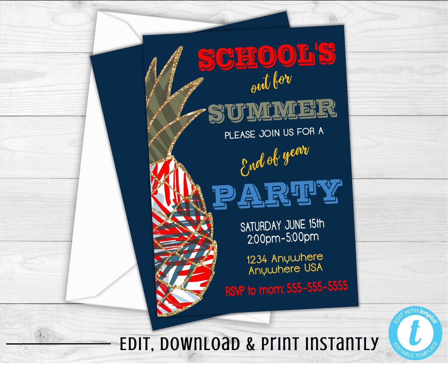 Hawaiian Party Invitations, End of The Year Party Invitation, Schools Out For Summer, Hawaiian Pineapple, Glitter, Schools Out Party, Floral