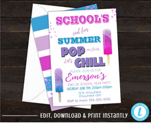 Load image into Gallery viewer, Schools Out Party, Summer Party, Schools Out For Summer, Summer Party Invitations, Popsicle, End of The Year Party Invitation, Watercolor