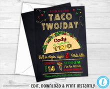 Load image into Gallery viewer, Taco Twosday, Birthday Invitations, Birthday Invites, Taco Twosday Invitation, 2nd Birthday, Birthday Party Invitations, Fiesta, Printable