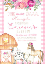 Load image into Gallery viewer, Farm Animals Birthday Invitation, Farm Animals Birthday Party, Barnyard Birthday, Farm Birthday Party, First Birthday Invitation, Gingham