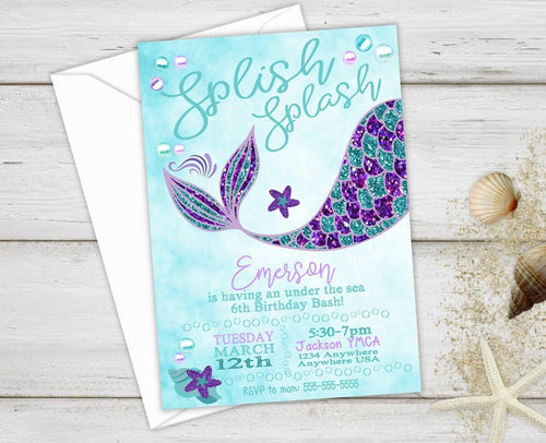 Mermaid Birthday, Mermaid Invite, Mermaid Party, Birthday Invitations, Splish Splash, Birthday Invites, Birthday Party Invitations, Glitter