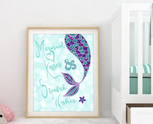 Mermaid Wall art, Mermaid kisses & starfish kisses | mermaid sign | mermaid digital print | Nautical | Under the sea |Birthday sign Instant