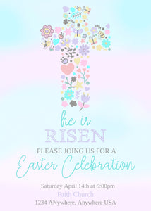 Religious Easter, Easter Invitation, He Is Risen, Easter Celebration Invitation, Easter Party Invitation, Easter Brunch, Pastel Invitation