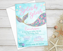 Load image into Gallery viewer, Mermaid Birthday Invite, Mermaid Party, Pink, gold, Teal, Glitter, Mermaid Tail, Birthday invitation, Under the Sea,Pool Party,Mermaid decor