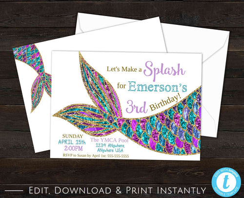 Mermaid Birthday Invitation, Mermaid Invitation, Mermaid Party, Under the Sea Invitation, Mermaid Tail, Mermaid Party Invitation, Printable