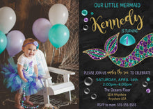 Load image into Gallery viewer, Mermaid Birthday Invitation with Photo, Mermaid Photo Invitation, Mermaid Invite, Purple and Teal Mermaid Tail, Under The Sea, Mermaid Party