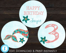 Load image into Gallery viewer, Mermaid Cupcake Toppers, Mermaid Party, Printable Cupcake Toppers, Cupcake Toppers, Cupcake Toppers Birthday, Mermaid Tail, Cake Topper