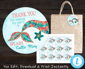 Mermaid Thank You Stickers, Printable Favor Tags, Mermaid Party Tag, Mermaid Party, Mermaid Thank You Tags, Mermaid Labels, Mermaid Birthday