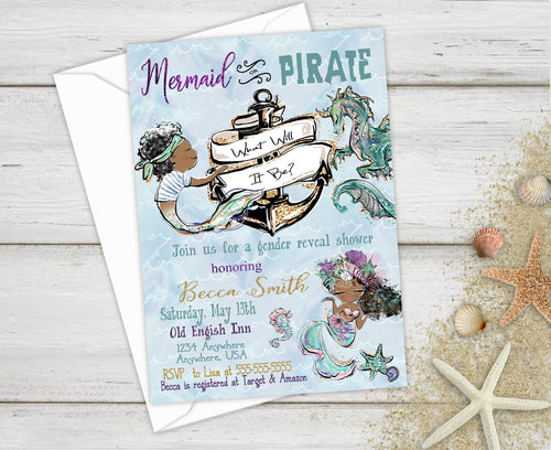 Baby Shower Invites, Gender Reveal, Mermaid or Pirate Gender Reveal, Mermaid Party, Baby Shower, Boy or Girl, African American Baby