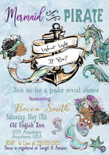 Load image into Gallery viewer, Baby Shower Invites, Gender Reveal, Mermaid or Pirate Gender Reveal, Mermaid Party, Baby Shower, Boy or Girl, African American Baby