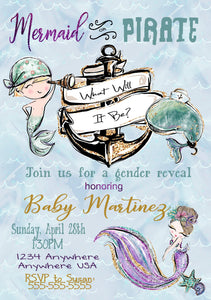 Nautical Baby Shower, Baby Shower Invites, Gender Reveal, Mermaid or Pirate Gender Reveal, He or She, Boy or Girl, Blue or Pink, Printable