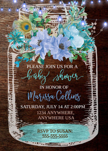 Baby Shower Invitation, Floral Baby Shower Invitation, Rustic Baby Shower, Mason Jar Baby Shower Invitation, Peacock Feather, Blue and Green