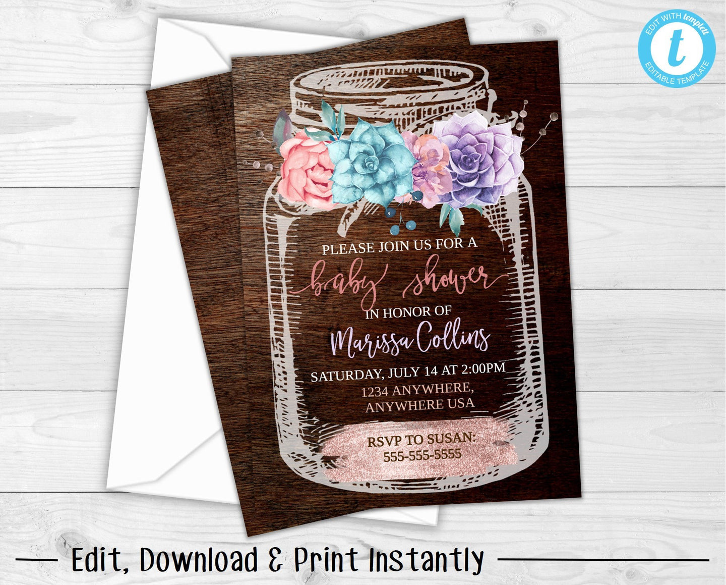 Baby Shower Invitation Template, Baby Shower Invitation, Rustic Baby Shower Invite, Mason Jar Baby Shower Invitation, Succulents, Printable
