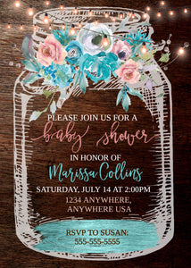 Baby Shower Invitation, Teal and Peach Boho Baby Shower, Rustic Baby Shower, Mason Jar Baby Shower Invitation, Floral Baby Shower Invitation