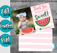Load image into Gallery viewer, Watermelon Thank You Card Watermelon Picture  Birthday Thank You, One in a Melon, 1st Birthday, First Birthday, Edit Yourself Instant