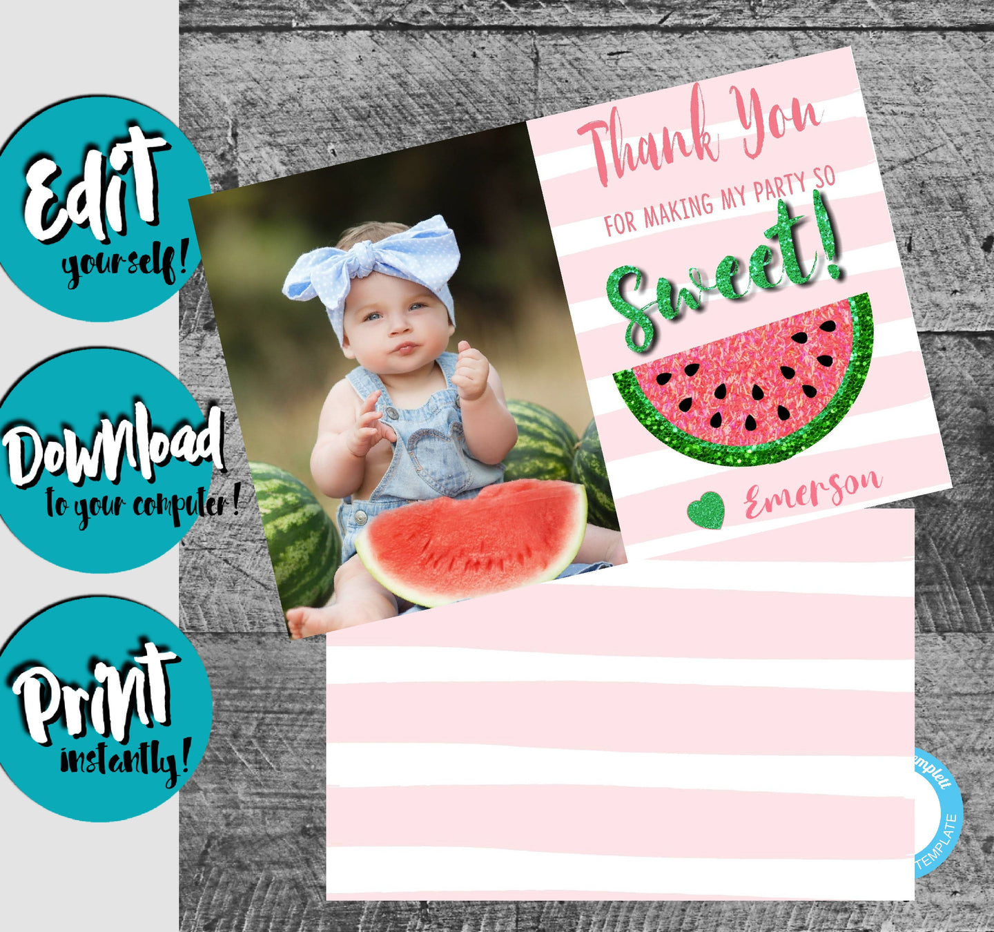 Watermelon Thank You Card Watermelon Picture  Birthday Thank You, One in a Melon, 1st Birthday, First Birthday, Edit Yourself Instant