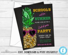 Load image into Gallery viewer, End of The Year Party Invitation, Schools Out For Summer, Pineapple Invite, Summer Party Invitations, Glitter, Schools Out Party, Chalkboard