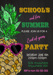 End of The Year Party Invitation, Schools Out For Summer, Pineapple Invite, Summer Party Invitations, Glitter, Schools Out Party, Chalkboard