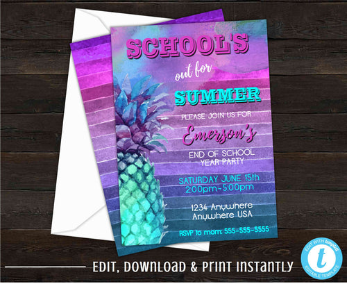 Schools Out Party, Pineapple Invitation, Schools Out For Summer, Hawaiian Party Invitations, End of The Year Party Invitation, Watercolor