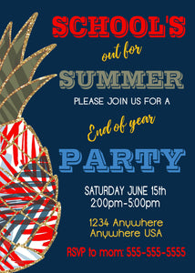 Hawaiian Party Invitations, End of The Year Party Invitation, Schools Out For Summer, Hawaiian Pineapple, Glitter, Schools Out Party, Floral