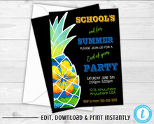 Load image into Gallery viewer, Schools Out Party, Hawaiian Party Invitations, End of The Year Party Invitation, Schools Out For Summer, Hawaiian Pineapple, Glitter, Floral
