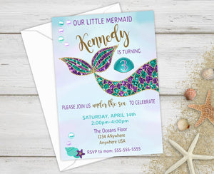 Mermaid Invite, Mermaid Party, First Birthday Mermaid, Birthday Invitations, Mermaid Birthday Party, Mermaid Tail, Under the Sea, Glitter