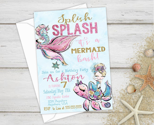 Birthday Party Invitations, Mermaid Birthday, Birthday Invites, Birthday Invitations, Mermaid Party, Under the Sea, Splish Splash, Mermaid