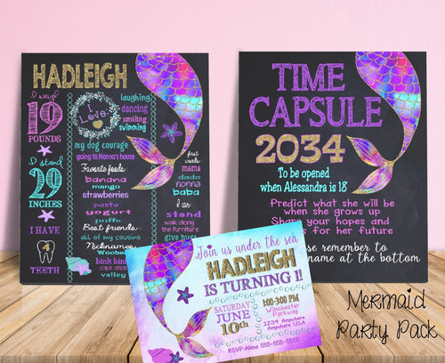 Mermaid Birthday, Mermaid Party, Birthday Invitations, Time Capsule, Birthday Board, Milestone Chalkboard, First Birthday Mermaid, Glitter