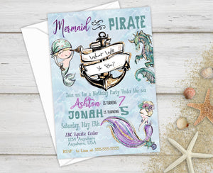 Nautical Birthday Invitation, Mermaid or Pirate Birthday Invitation, Twins Birthday, Birthday Invitations, Under the Sea, Birthday Party