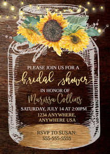 Sunflower Rustic Mason Jar Bridal Shower Invitation, Bridal Shower Invites, sun flower floral , Floral Invites, Bridal Shower Invitation