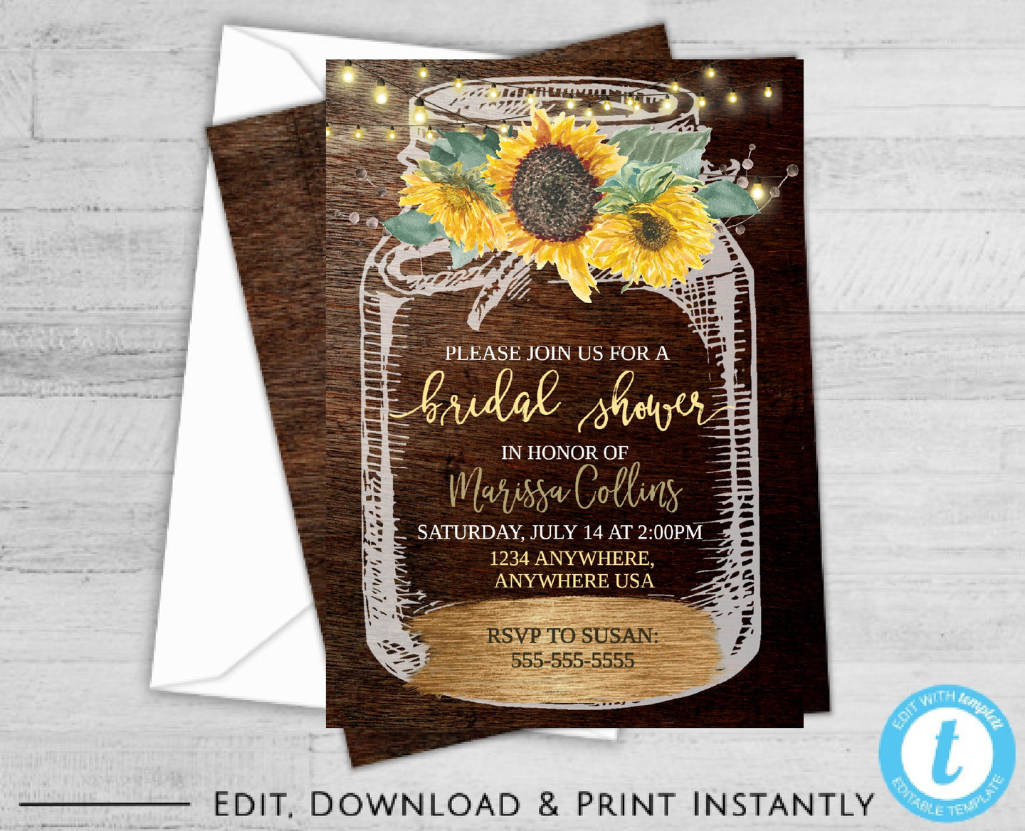 Sunflower Rustic Mason Jar Bridal Shower Invitation, Bridal Shower Invites, sun flower floral , Floral Invites, Bridal Shower Invitation