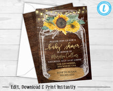 Load image into Gallery viewer, Baby Shower Invitation bundle , sunflower Baby Shower, Rustic Baby Shower, Mason Jar Invitation Thank You, Diaper raffle, Books for baby