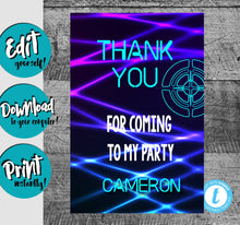 Load image into Gallery viewer, LASER TAG Birthday Thank You| Laser tag thank you card | Birthday | Neon | Chalkboard | Edit Yourself | Instant Download | Printable